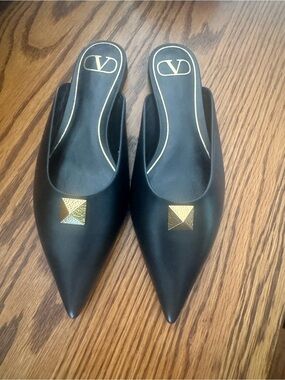 Valentino Black Pointed Leather Mules with Gold Pyramid Stud